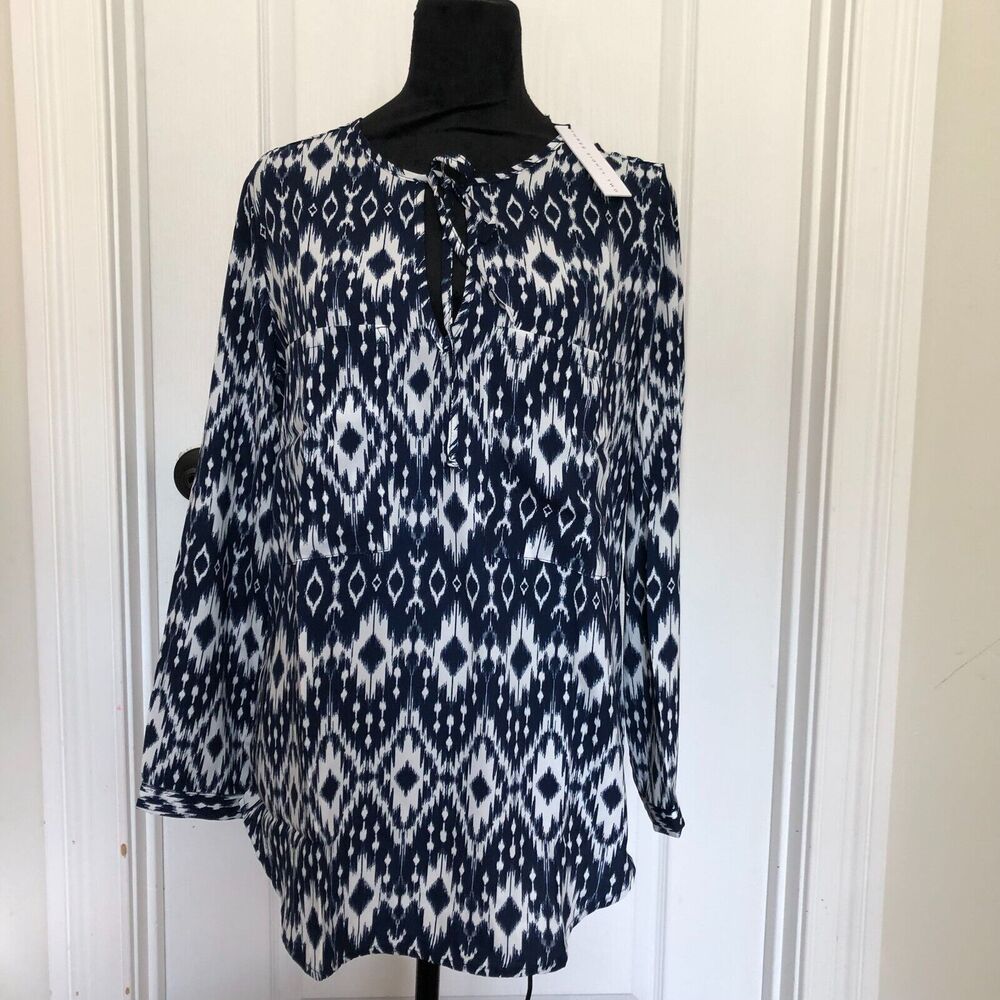Three Eighty‎ Two Womens Ikat Print Tunic Top Navy Blue White Long Sleeve Small